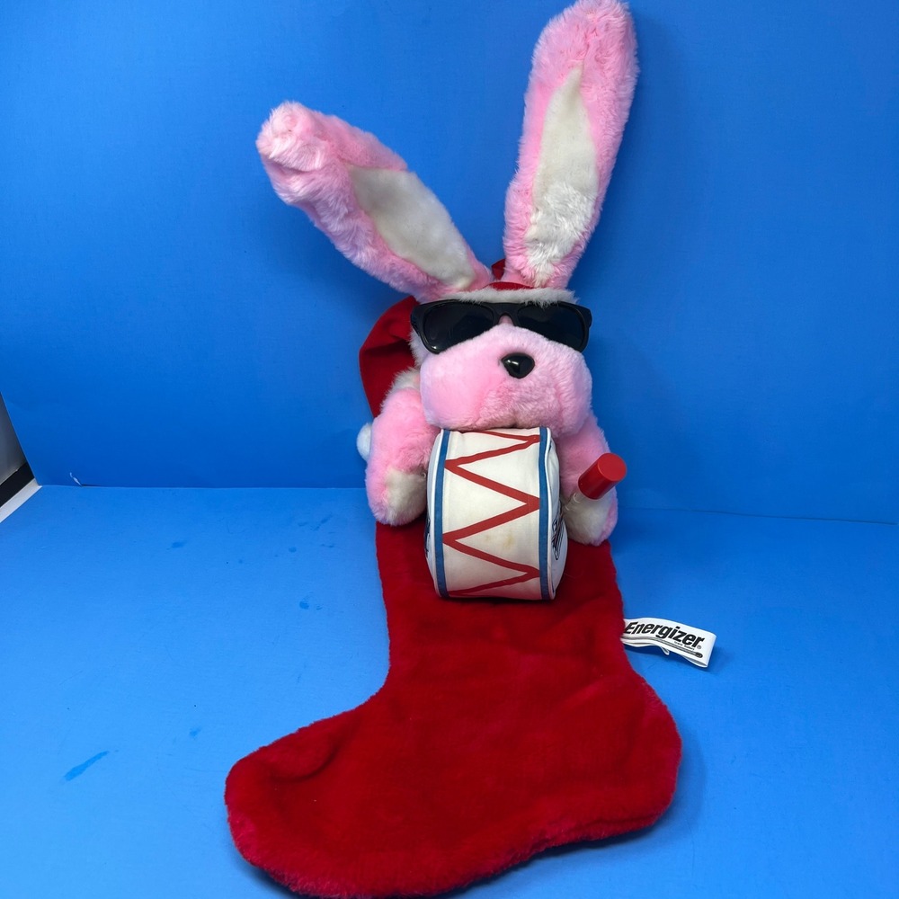 Energizer Christmas Holiday Stocking Pink Bunny Plush with Sunglasses and‎ Drum